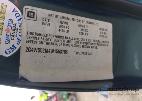 1998 Buick Century Custom z USA, uszkodzony, nr VIN 2G4WS52M4W1563708